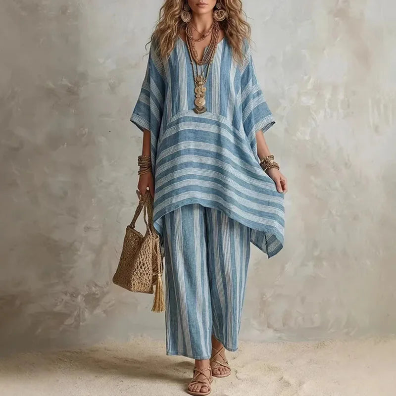 Women’s Boho Vintage Striped 2-Piece Set – V-Neck Half Sleeve Top & Wide Leg Pants Summer Vacation Outfit