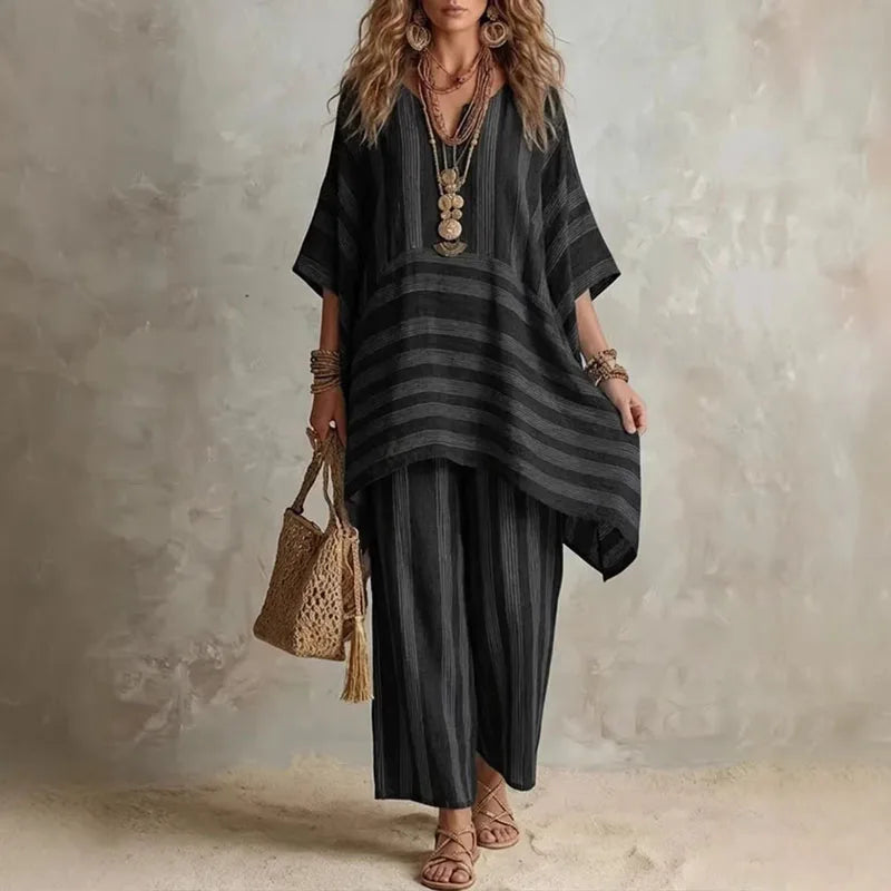 Women’s Boho Vintage Striped 2-Piece Set – V-Neck Half Sleeve Top & Wide Leg Pants Summer Vacation Outfit