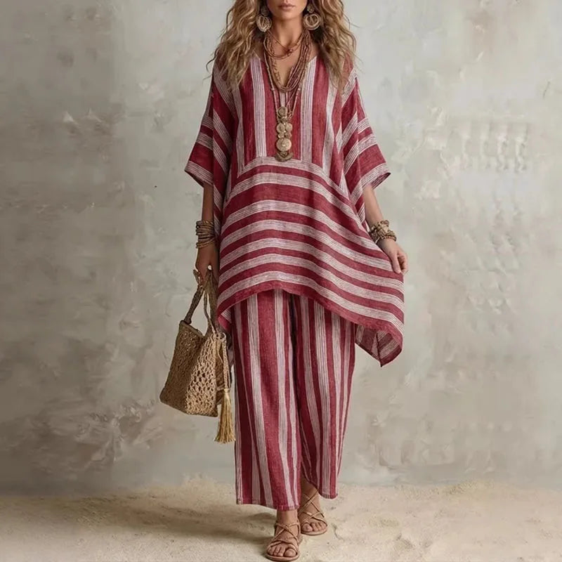 Women’s Boho Vintage Striped 2-Piece Set – V-Neck Half Sleeve Top & Wide Leg Pants Summer Vacation Outfit