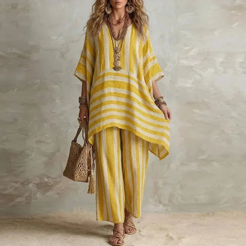 Women’s Boho Vintage Striped 2-Piece Set – V-Neck Half Sleeve Top & Wide Leg Pants Summer Vacation Outfit