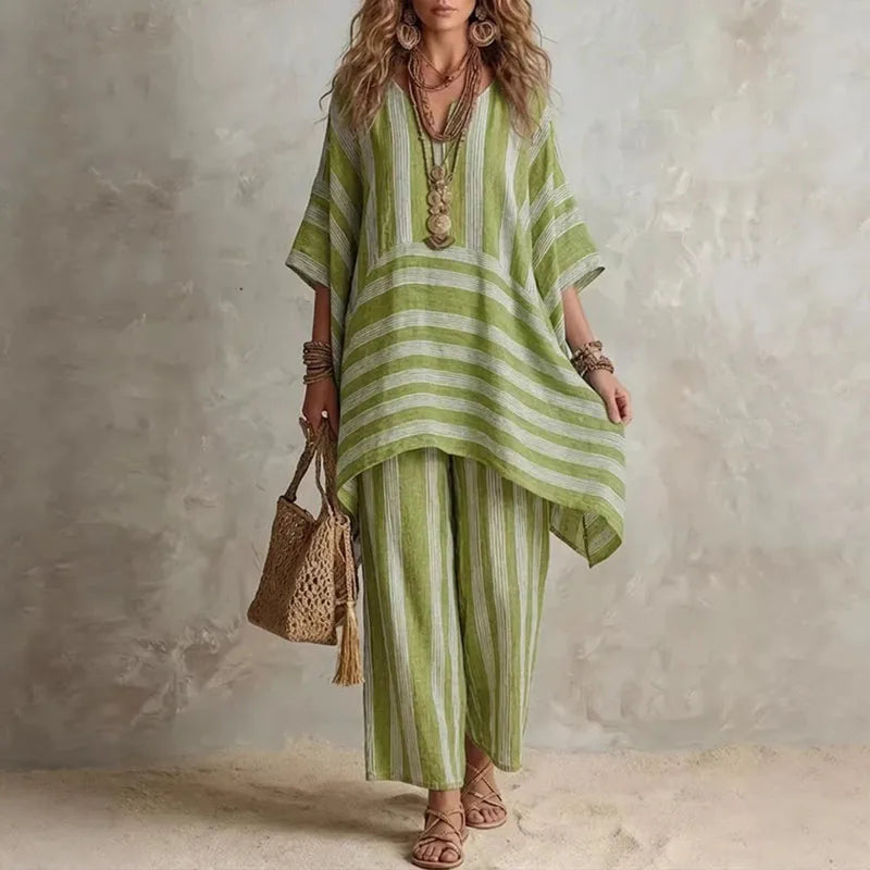 Women’s Boho Vintage Striped 2-Piece Set – V-Neck Half Sleeve Top & Wide Leg Pants Summer Vacation Outfit