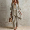 Women’s Boho Vintage Striped 2-Piece Set – V-Neck Half Sleeve Top & Wide Leg Pants Summer Vacation Outfit