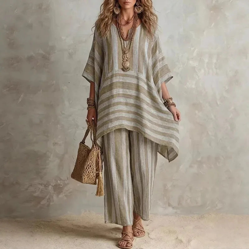 Women’s Boho Vintage Striped 2-Piece Set – V-Neck Half Sleeve Top & Wide Leg Pants Summer Vacation Outfit