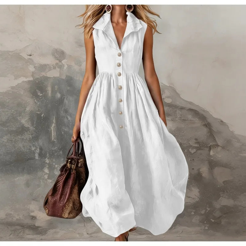 Women’s Elegant Sleeveless Lapel Button Pleated Maxi Dress – High Waist White Tank Dress for Summer Spring 2026