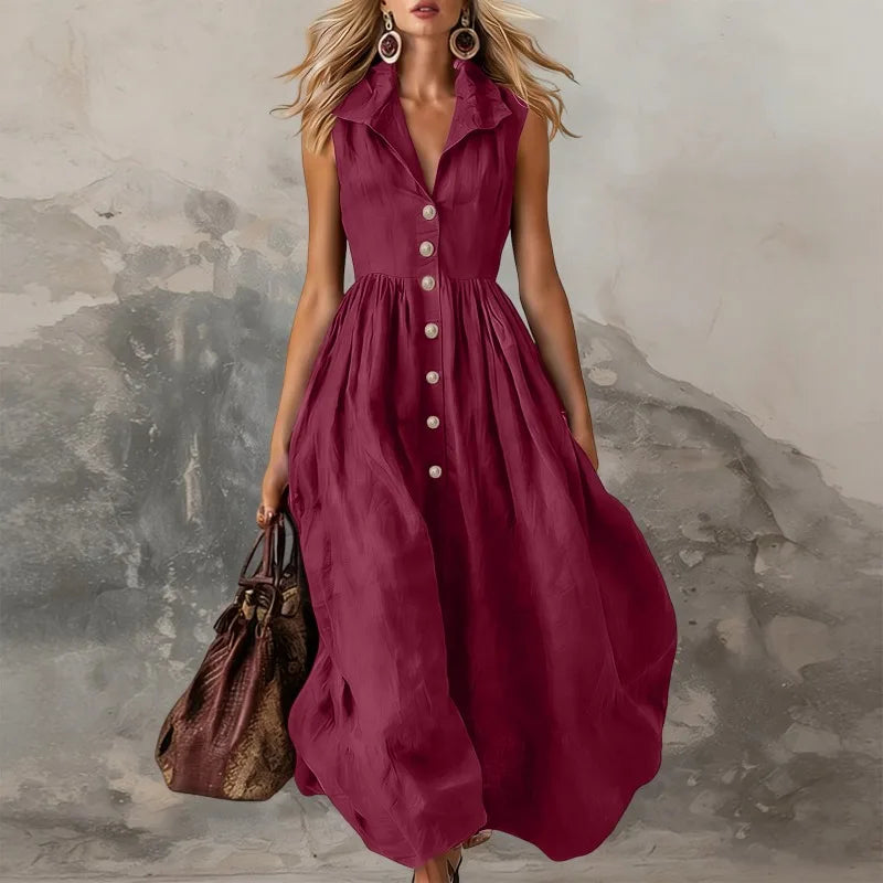 Women’s Elegant Sleeveless Lapel Button Pleated Maxi Dress – High Waist White Tank Dress for Summer Spring 2026