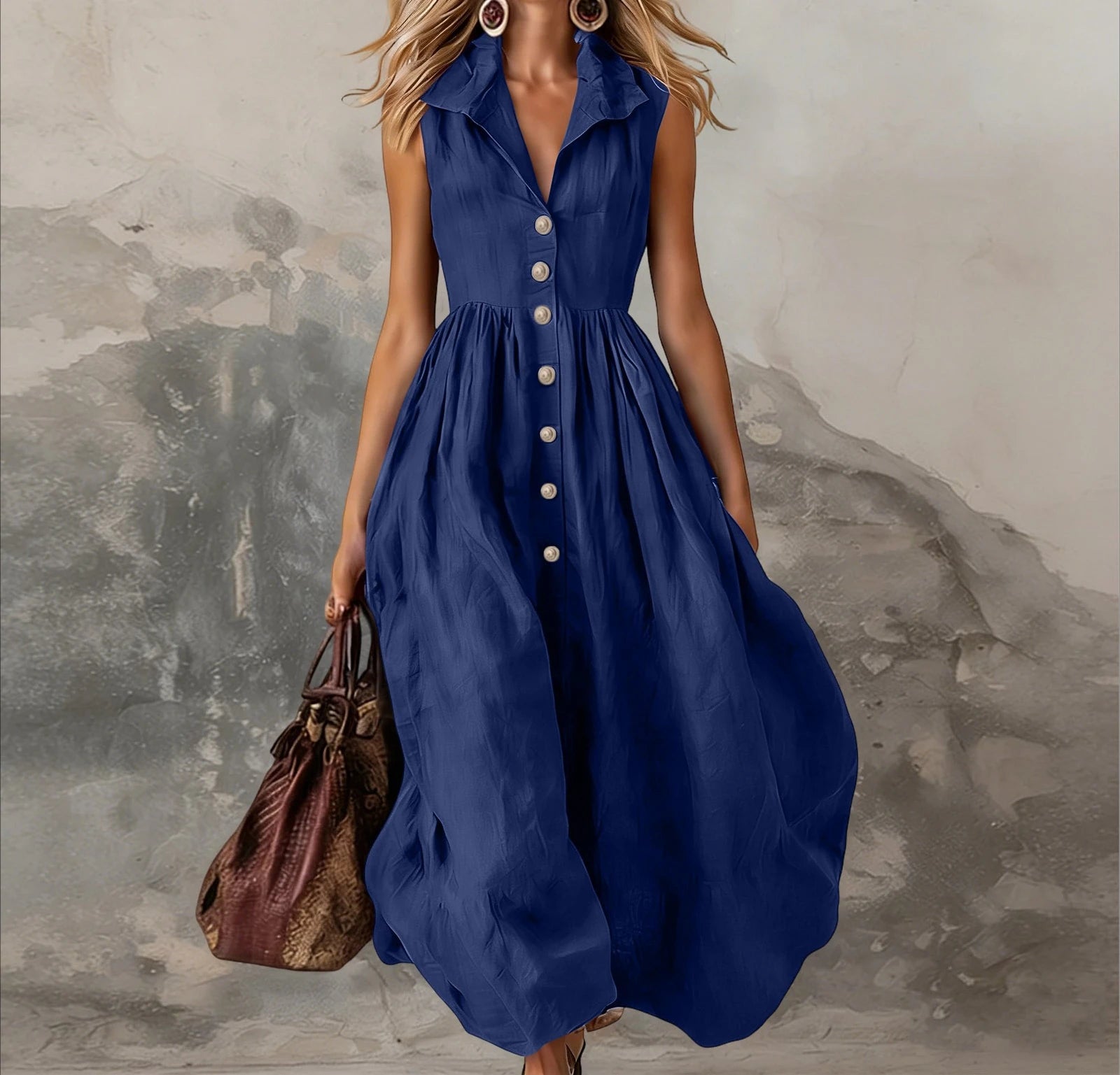 Women’s Elegant Sleeveless Lapel Button Pleated Maxi Dress – High Waist White Tank Dress for Summer Spring 2026