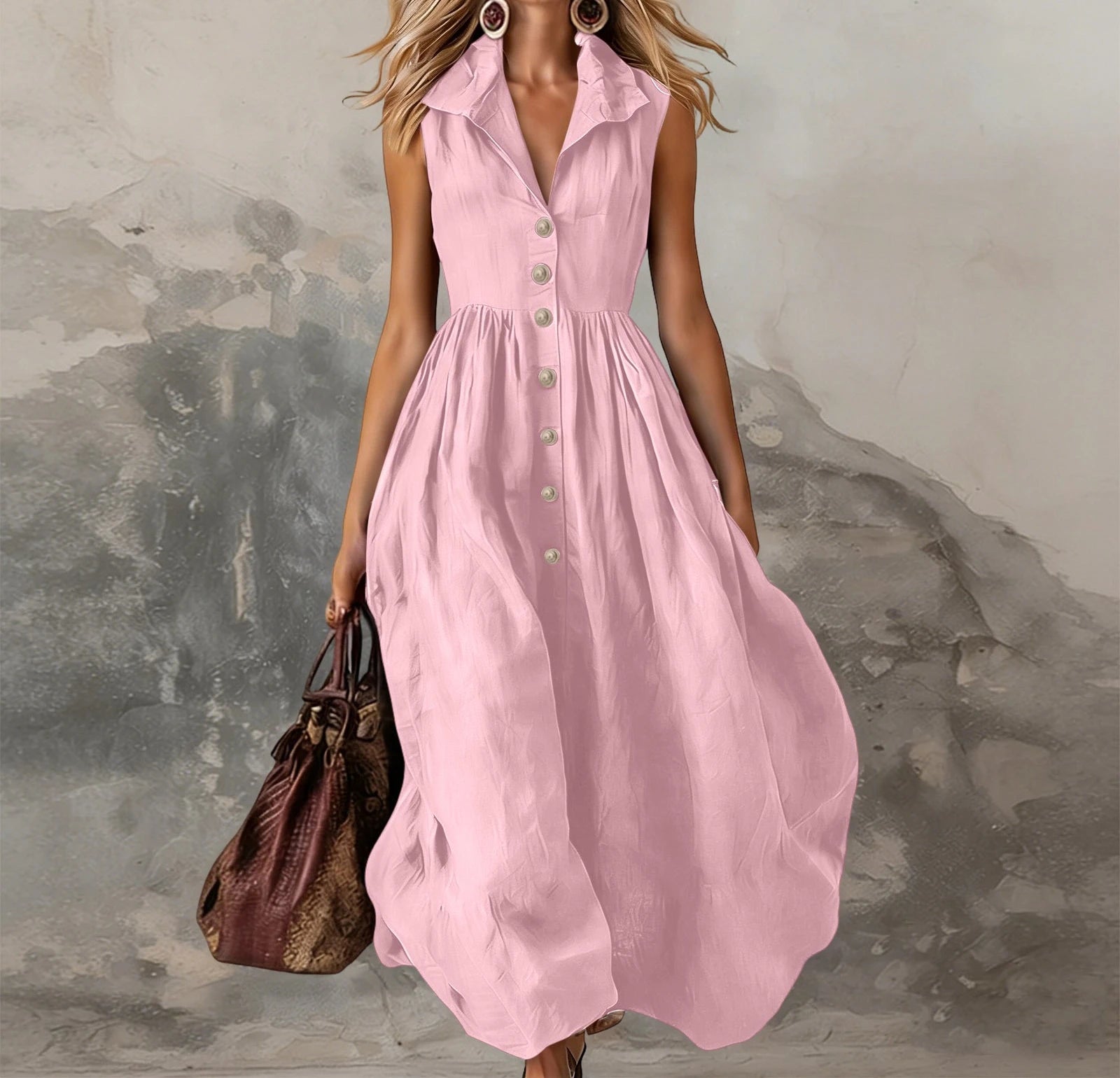 Women’s Elegant Sleeveless Lapel Button Pleated Maxi Dress – High Waist White Tank Dress for Summer Spring 2026