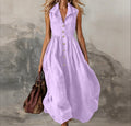 Women’s Elegant Sleeveless Lapel Button Pleated Maxi Dress – High Waist White Tank Dress for Summer Spring 2026