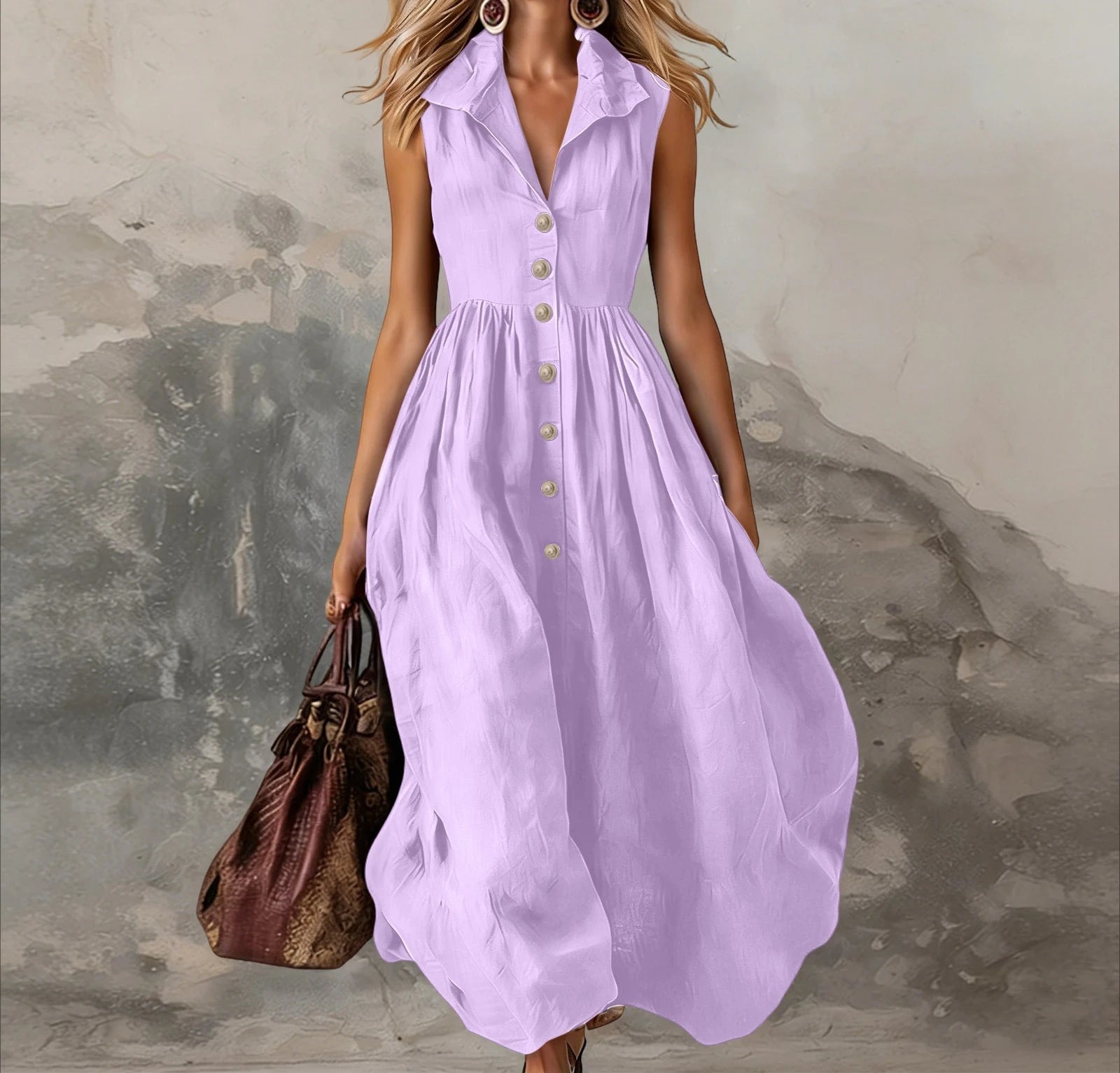 Women’s Elegant Sleeveless Lapel Button Pleated Maxi Dress – High Waist White Tank Dress for Summer Spring 2026