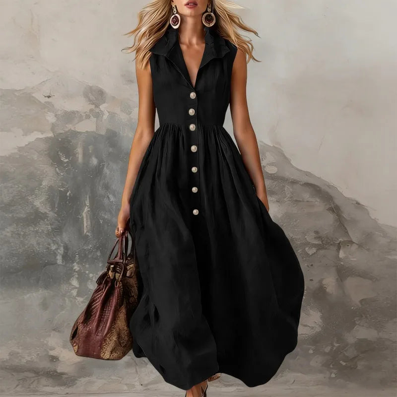 Women’s Elegant Sleeveless Lapel Button Pleated Maxi Dress – High Waist White Tank Dress for Summer Spring 2026