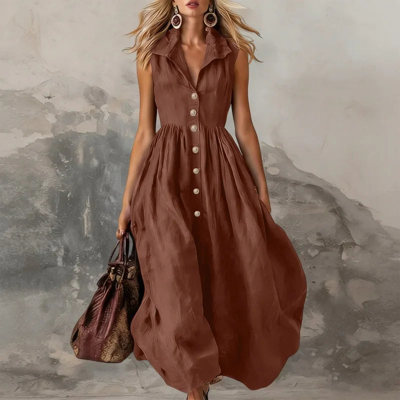 Women’s Elegant Sleeveless Lapel Button Pleated Maxi Dress – High Waist White Tank Dress for Summer Spring 2026