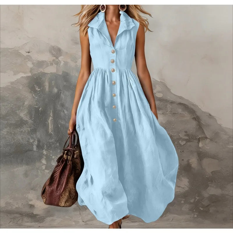 Women’s Elegant Sleeveless Lapel Button Pleated Maxi Dress – High Waist White Tank Dress for Summer Spring 2026