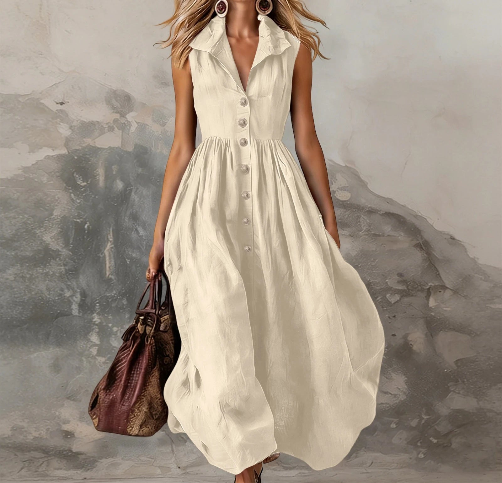 Women’s Elegant Sleeveless Lapel Button Pleated Maxi Dress – High Waist White Tank Dress for Summer Spring 2026
