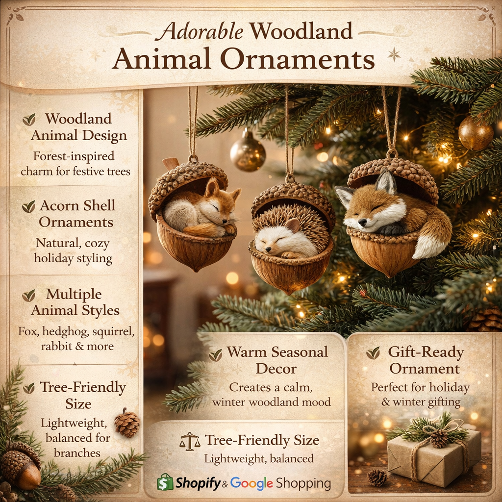 Woodland Acorn Animal Christmas Ornament — Single Piece