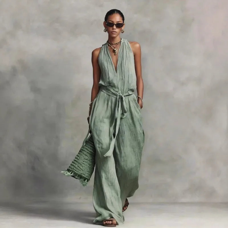 Women’s Linen Backless Jumpsuit – Lace-Up Casual Summer Romper, Loose Fit Lightweight Elegant Beach & Vacation Outfit