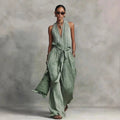 Women’s Linen Backless Jumpsuit – Lace-Up Casual Summer Romper, Loose Fit Lightweight Elegant Beach & Vacation Outfit