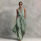 Women’s Linen Backless Jumpsuit – Lace-Up Casual Summer Romper, Loose Fit Lightweight Elegant Beach & Vacation Outfit