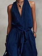 Women’s Linen Backless Jumpsuit – Lace-Up Casual Summer Romper, Loose Fit Lightweight Elegant Beach & Vacation Outfit