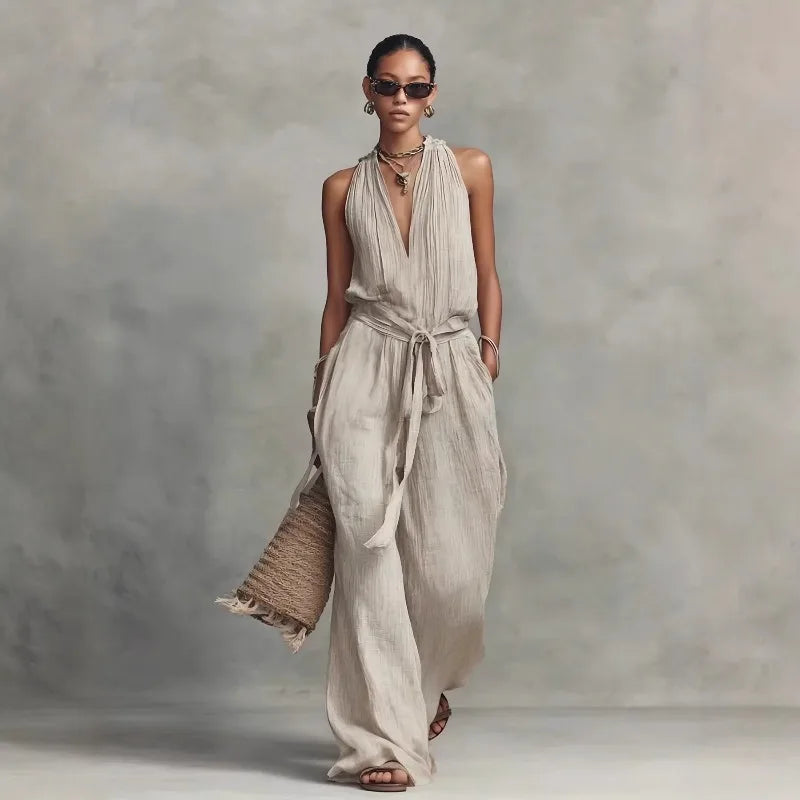 Women’s Linen Backless Jumpsuit – Lace-Up Casual Summer Romper, Loose Fit Lightweight Elegant Beach & Vacation Outfit