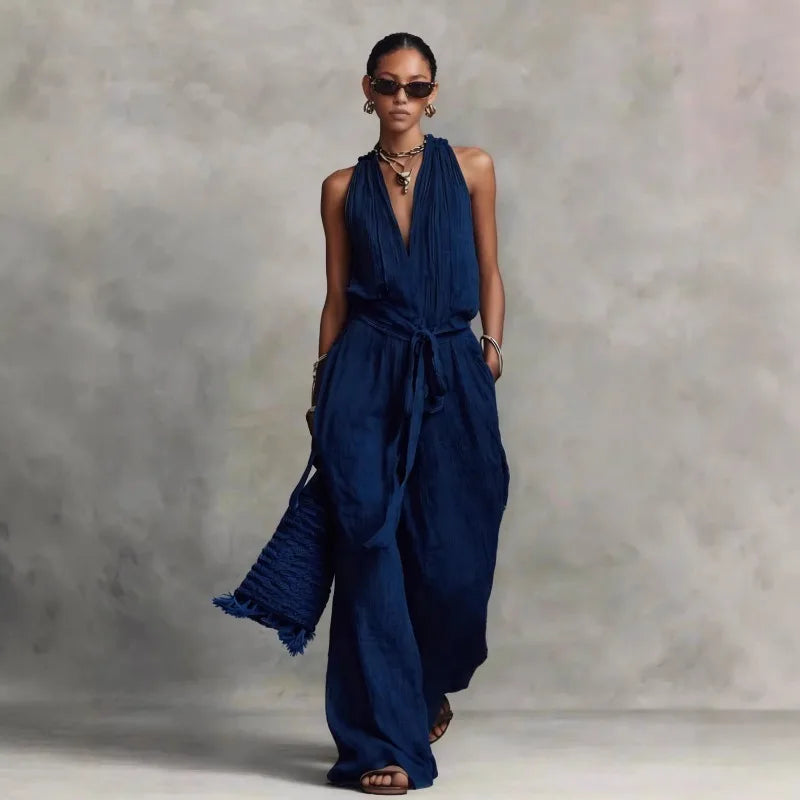 Women’s Linen Backless Jumpsuit – Lace-Up Casual Summer Romper, Loose Fit Lightweight Elegant Beach & Vacation Outfit