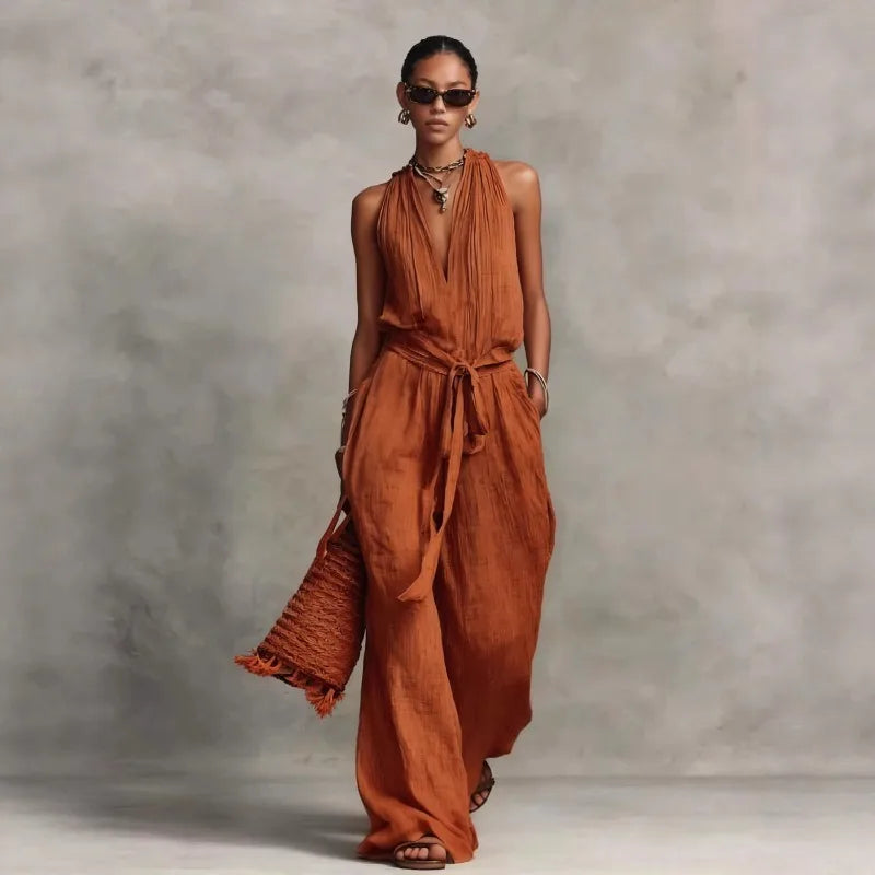 Women’s Linen Backless Jumpsuit – Lace-Up Casual Summer Romper, Loose Fit Lightweight Elegant Beach & Vacation Outfit
