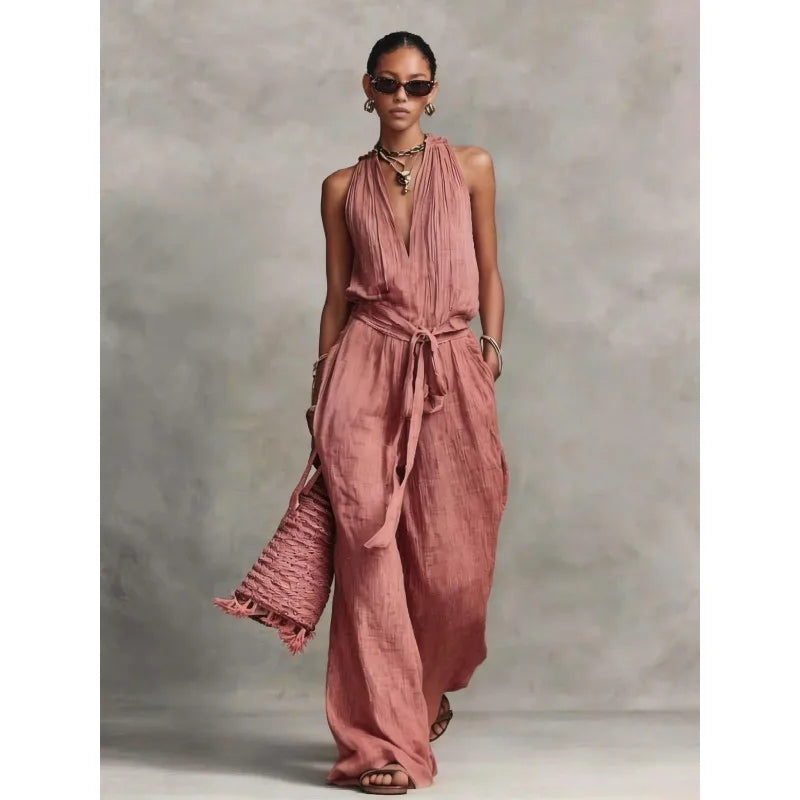 Women’s Linen Backless Jumpsuit – Lace-Up Casual Summer Romper, Loose Fit Lightweight Elegant Beach & Vacation Outfit