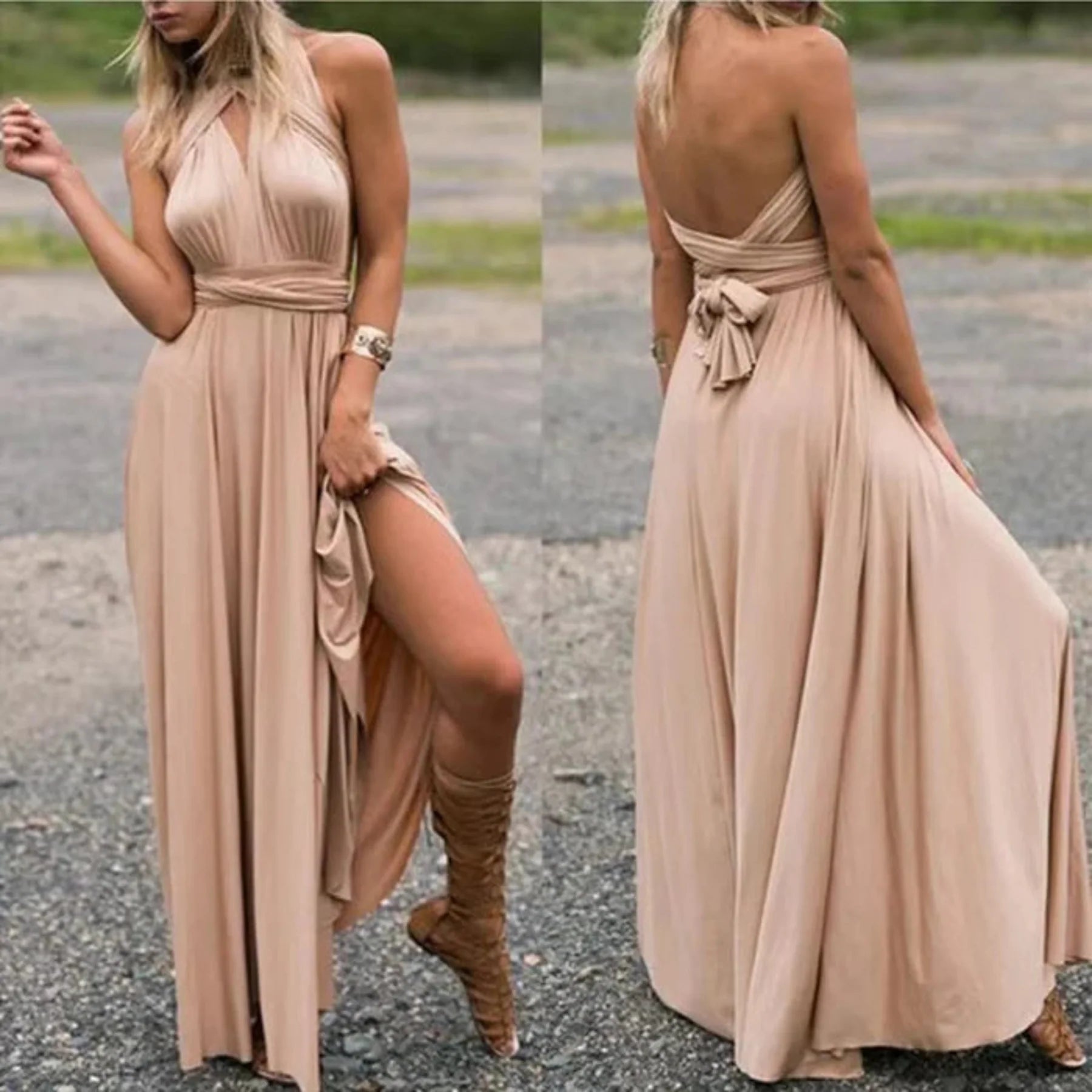 Women’s Adjustable Backless Maxi Dress – Lightweight Elegant Long Dress for Wedding, Dinner & Vacation