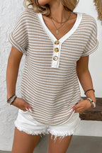 Women’s Casual V-Neck Stripe Blouse – Short Sleeve Everyday Top | Comfortable Polyester Summer Shirt