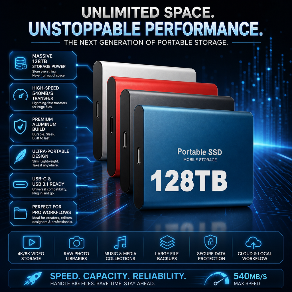 128TB External SSD — Metal USB‑C Portable Drive