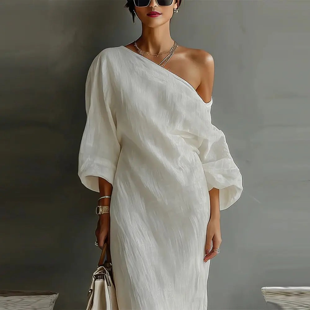 Women’s Ivory White One-Shoulder Maxi Dress – Elegant Cotton Linen Lantern Sleeve Flowy Dress with Pockets