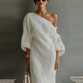 Women’s Ivory White One-Shoulder Maxi Dress – Elegant Cotton Linen Lantern Sleeve Flowy Dress with Pockets