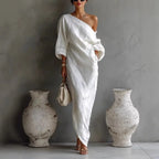 Women’s Ivory White One-Shoulder Maxi Dress – Elegant Cotton Linen Lantern Sleeve Flowy Dress with Pockets