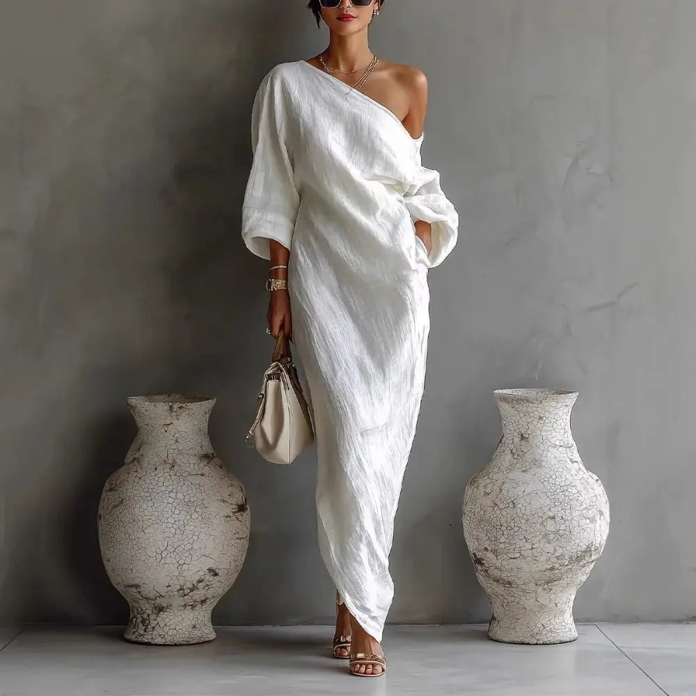 Women’s Ivory White One-Shoulder Maxi Dress – Elegant Cotton Linen Lantern Sleeve Flowy Dress with Pockets