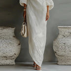 Women’s Ivory White One-Shoulder Maxi Dress – Elegant Cotton Linen Lantern Sleeve Flowy Dress with Pockets
