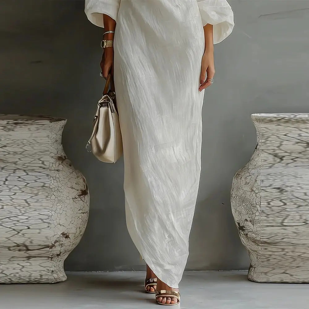 Women’s Ivory White One-Shoulder Maxi Dress – Elegant Cotton Linen Lantern Sleeve Flowy Dress with Pockets