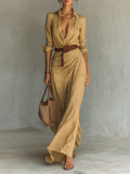 Women’s Lapel Belted Maxi Shirt Dress – Elegant Cotton Tencel Long Sleeve Button-Down Formal Dress