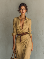 Women’s Lapel Belted Maxi Shirt Dress – Elegant Cotton Tencel Long Sleeve Button-Down Formal Dress