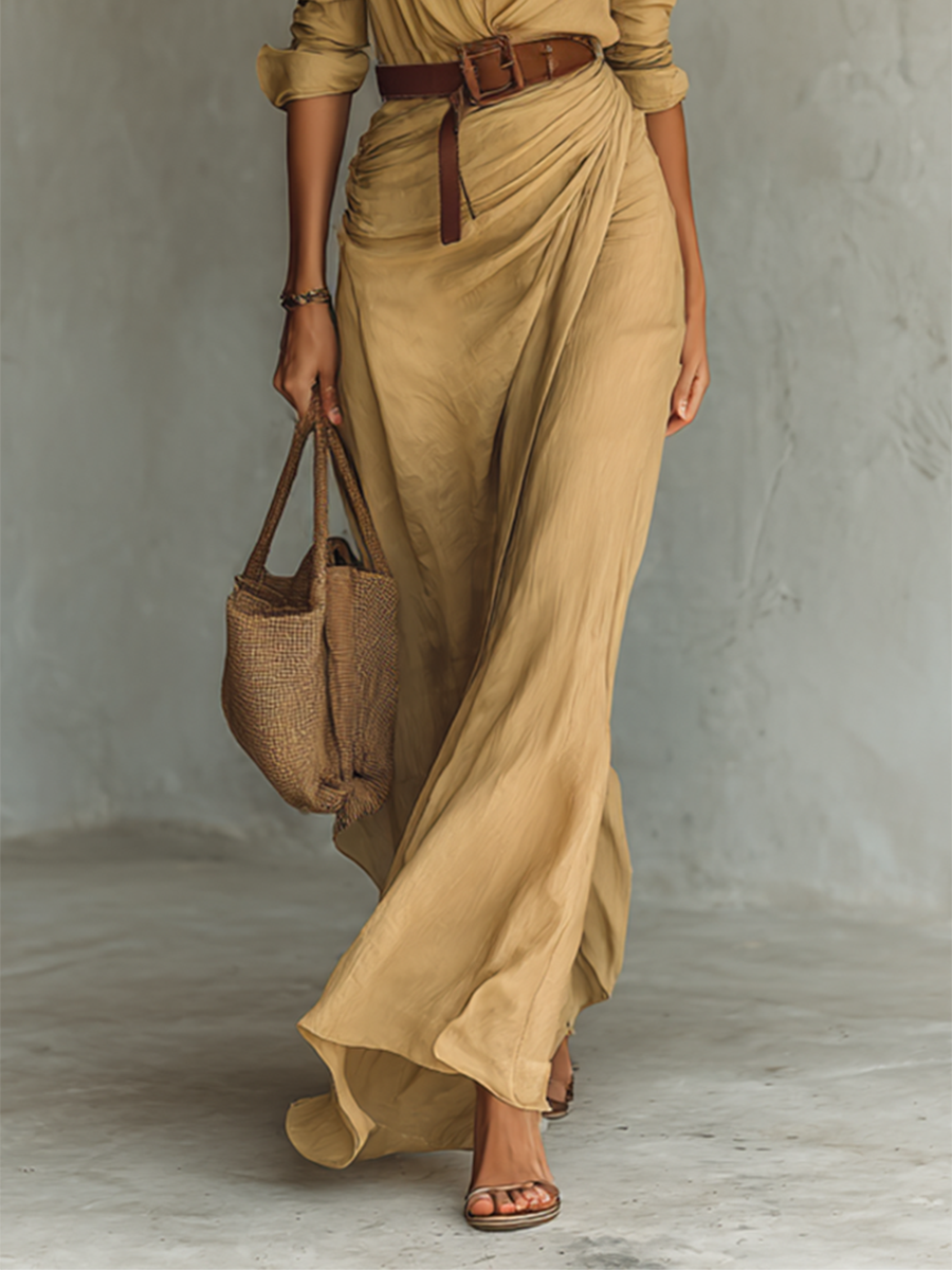 Women’s Lapel Belted Maxi Shirt Dress – Elegant Cotton Tencel Long Sleeve Button-Down Formal Dress
