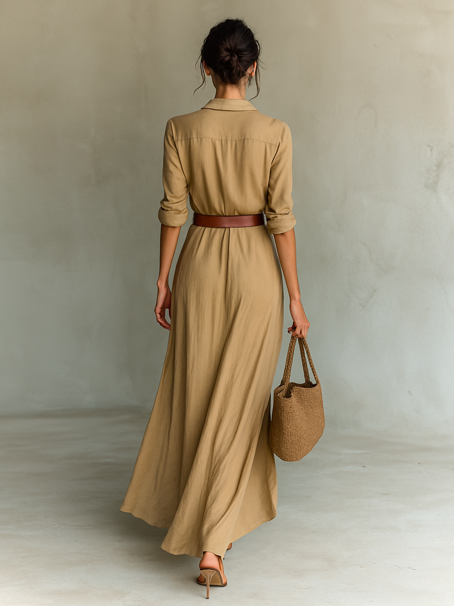 Women’s Lapel Belted Maxi Shirt Dress – Elegant Cotton Tencel Long Sleeve Button-Down Formal Dress