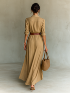 Women’s Lapel Belted Maxi Shirt Dress – Elegant Cotton Tencel Long Sleeve Button-Down Formal Dress