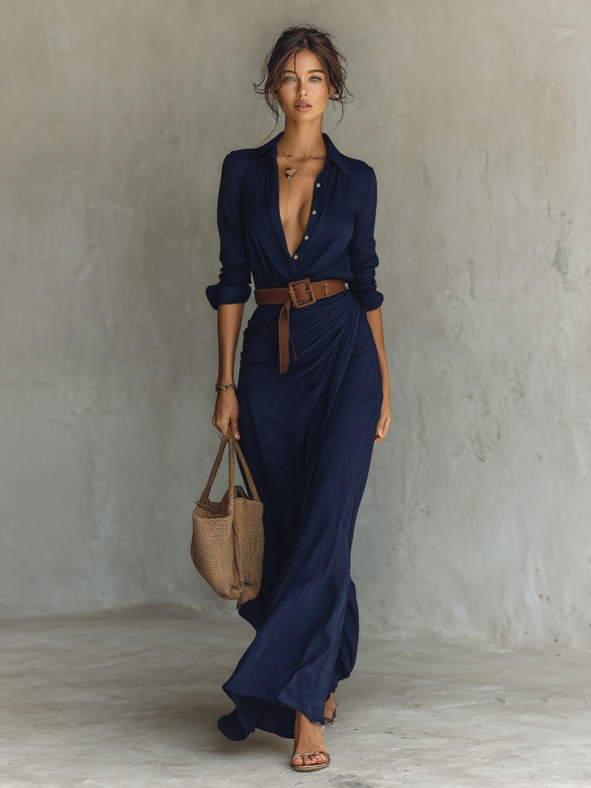 Women’s Lapel Belted Maxi Shirt Dress – Elegant Cotton Tencel Long Sleeve Button-Down Formal Dress
