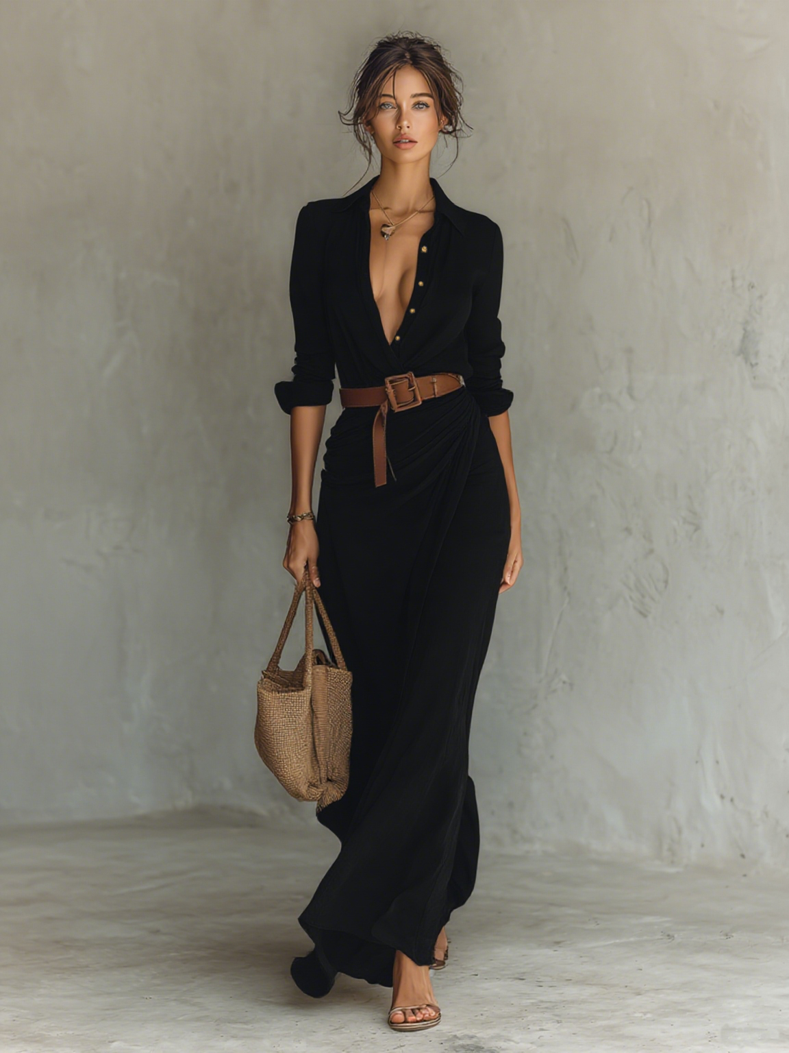 Women’s Lapel Belted Maxi Shirt Dress – Elegant Cotton Tencel Long Sleeve Button-Down Formal Dress