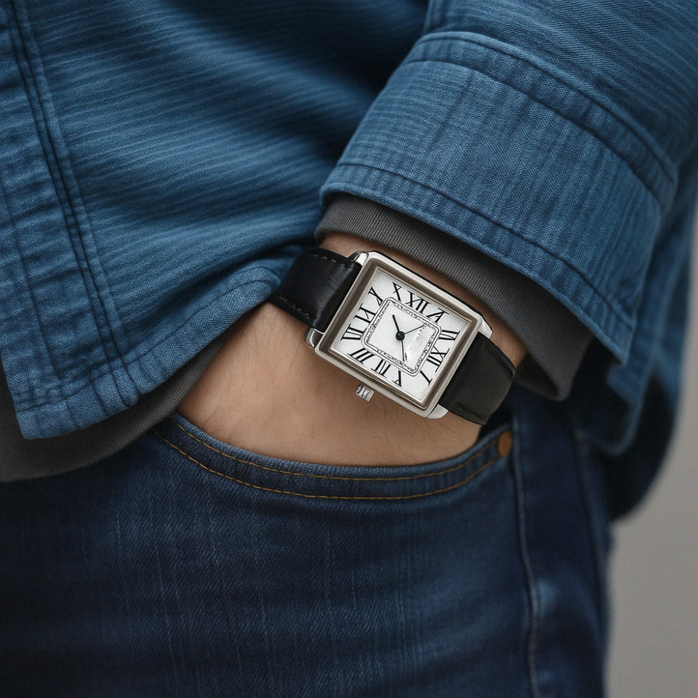 Men's Square Analog Dress Watch with Leather Strap