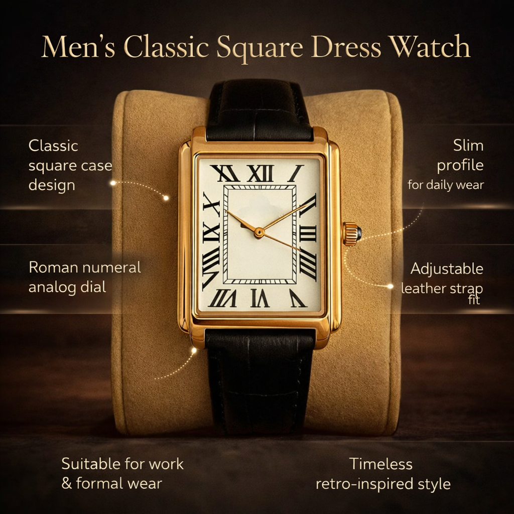 Men's Square Analog Dress Watch with Leather Strap