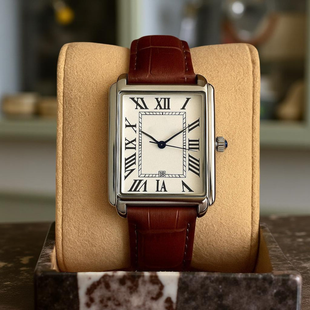 Men's Square Analog Dress Watch with Leather Strap