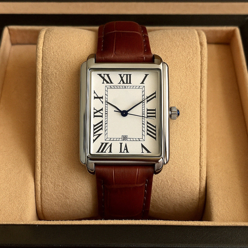 Men's Square Analog Dress Watch with Leather Strap