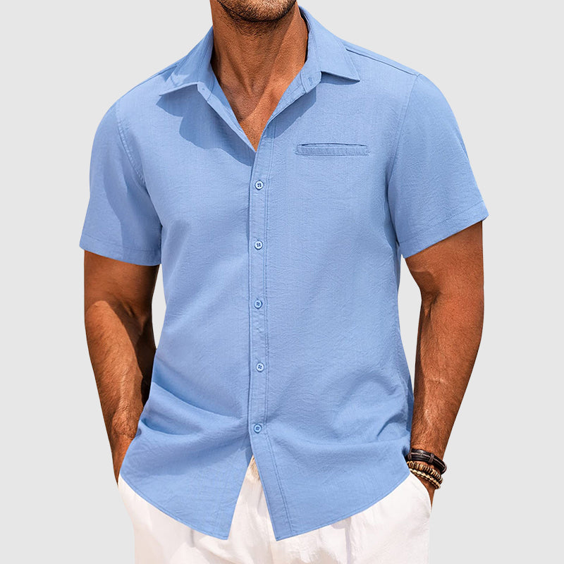 Men’s Short Sleeve Lapel Collar Shirt – Lightweight Button-Down Casual Summer Shirt with Hidden Pocket Smart Casual Top