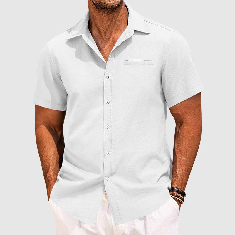Men’s Short Sleeve Lapel Collar Shirt – Lightweight Button-Down Casual Summer Shirt with Hidden Pocket Smart Casual Top