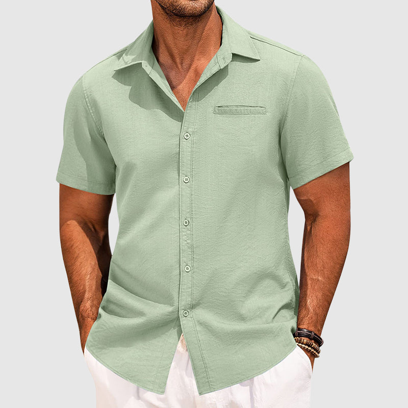 Men’s Short Sleeve Lapel Collar Shirt – Lightweight Button-Down Casual Summer Shirt with Hidden Pocket Smart Casual Top