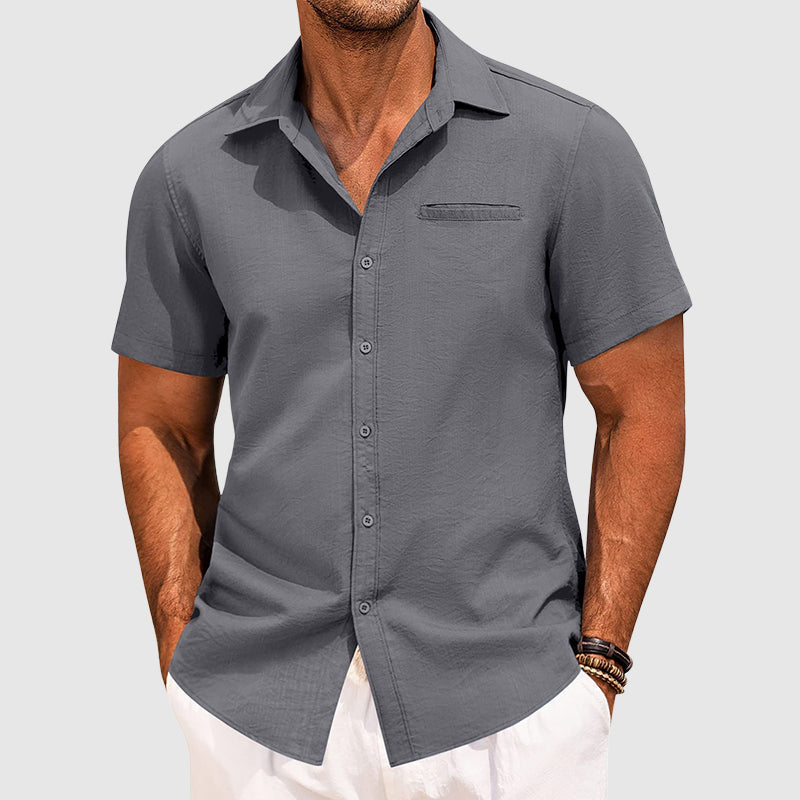 Men’s Short Sleeve Lapel Collar Shirt – Lightweight Button-Down Casual Summer Shirt with Hidden Pocket Smart Casual Top